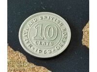 Moneda de 10 cenți din Malaya și Borneo britanic, 1953
