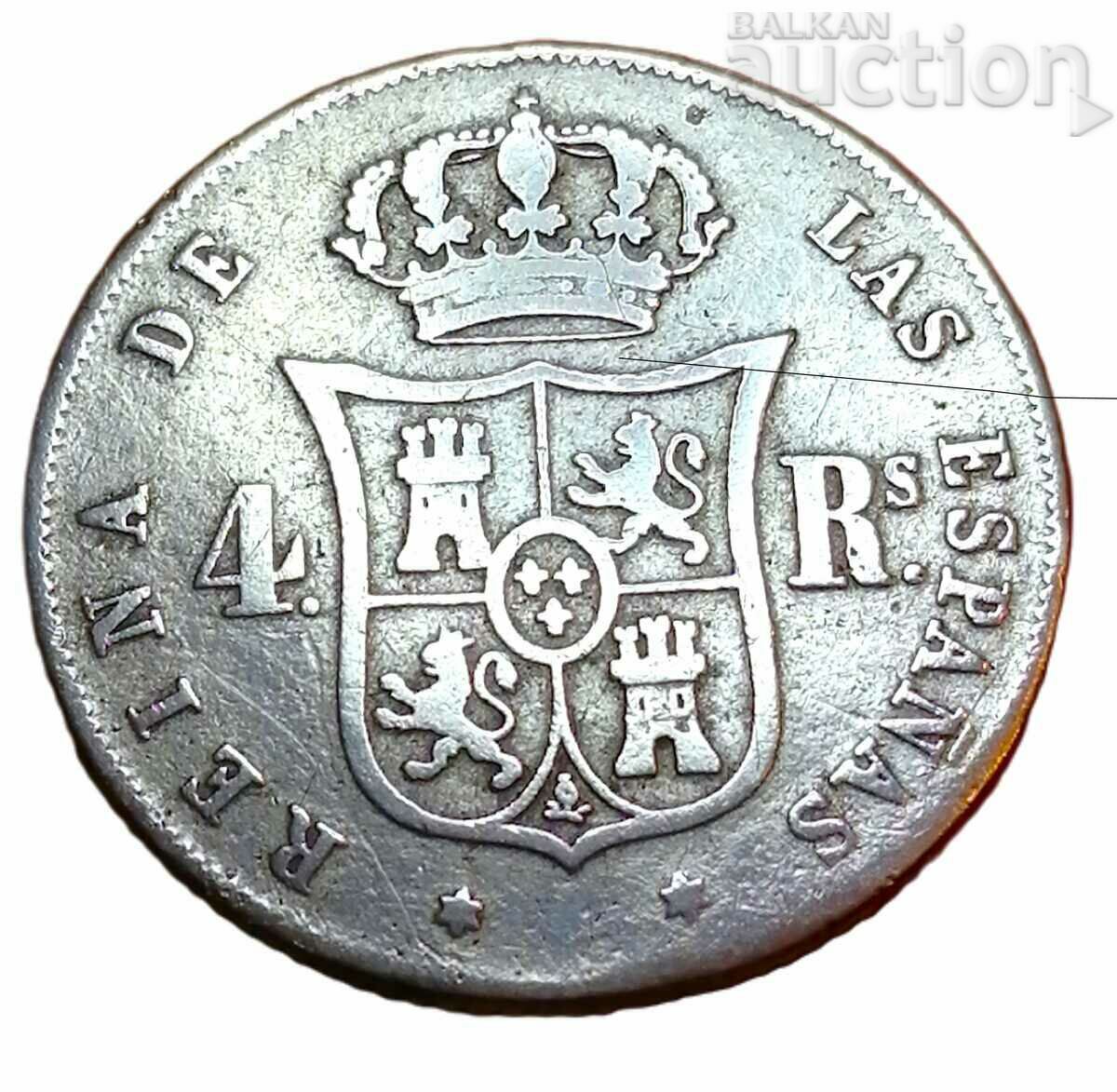 4 Реала 1862 , Испания - Изабел II , рядка година .