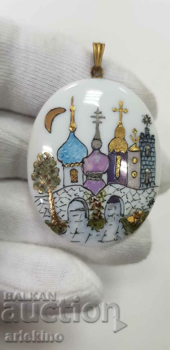 Author's painted porcelain brooch, temple, churches with price 85.00 BGN | € 43.46 Author's painted porcelain brooch, temple, churches with price 85.00 BGN | € 43.46