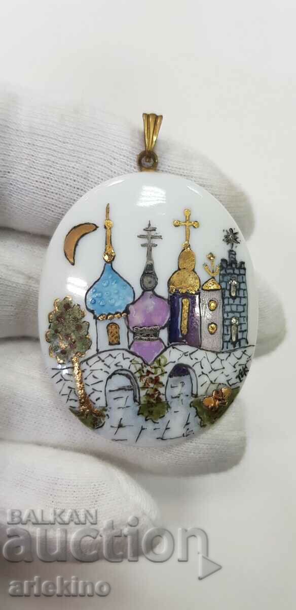 Author's painted porcelain brooch, temple, churches