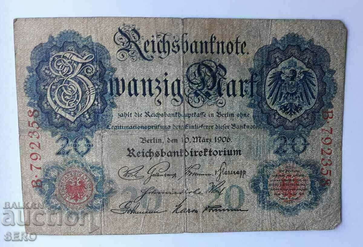 Τραπεζογραμμάτιο-Γερμανία-20 σήματα 1906-πολύ σπάνιο