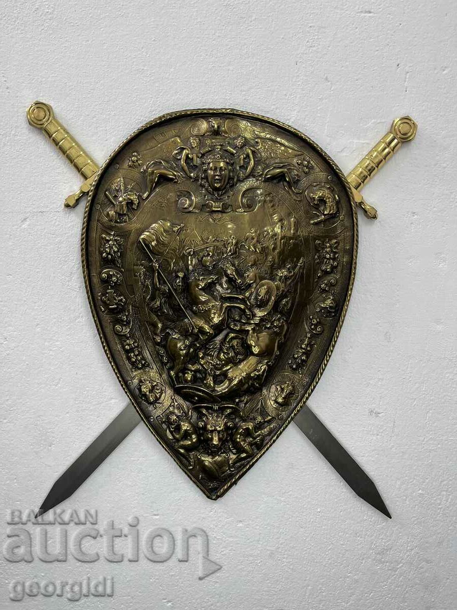 Unique French bronze shield with swords. #5115
