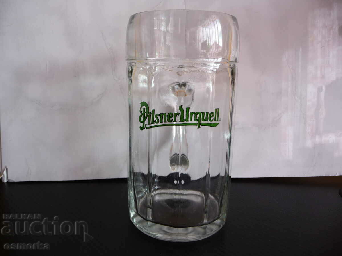 Large glass beer mug Pilsner Urquell 1 liter Czech