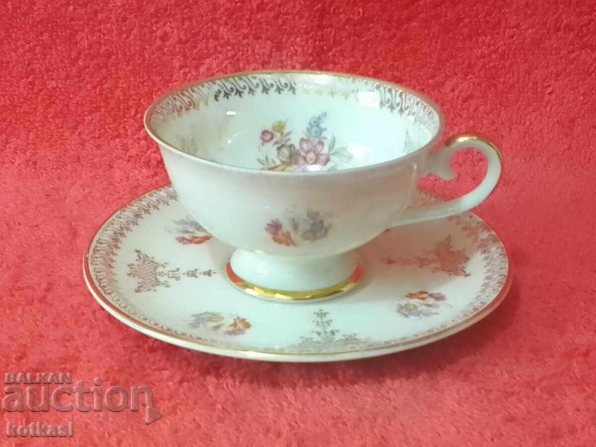 Old porcelain double set cup plate Schumann gilt Old porcelain double set cup plate Schumann gilt