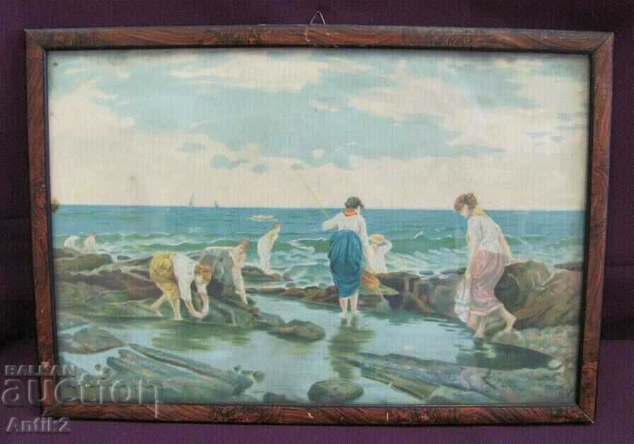 1900s Original mixed media painting on cardboard