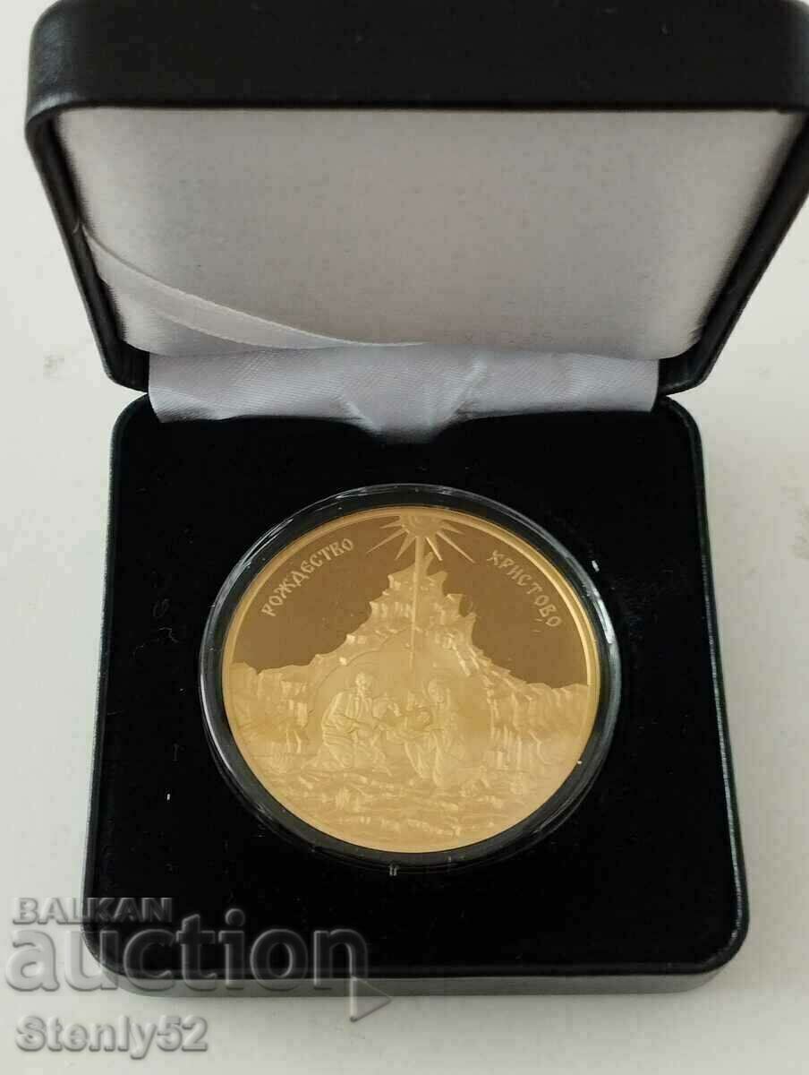 Gilded plaque, "Nativity" medal in box with Cert