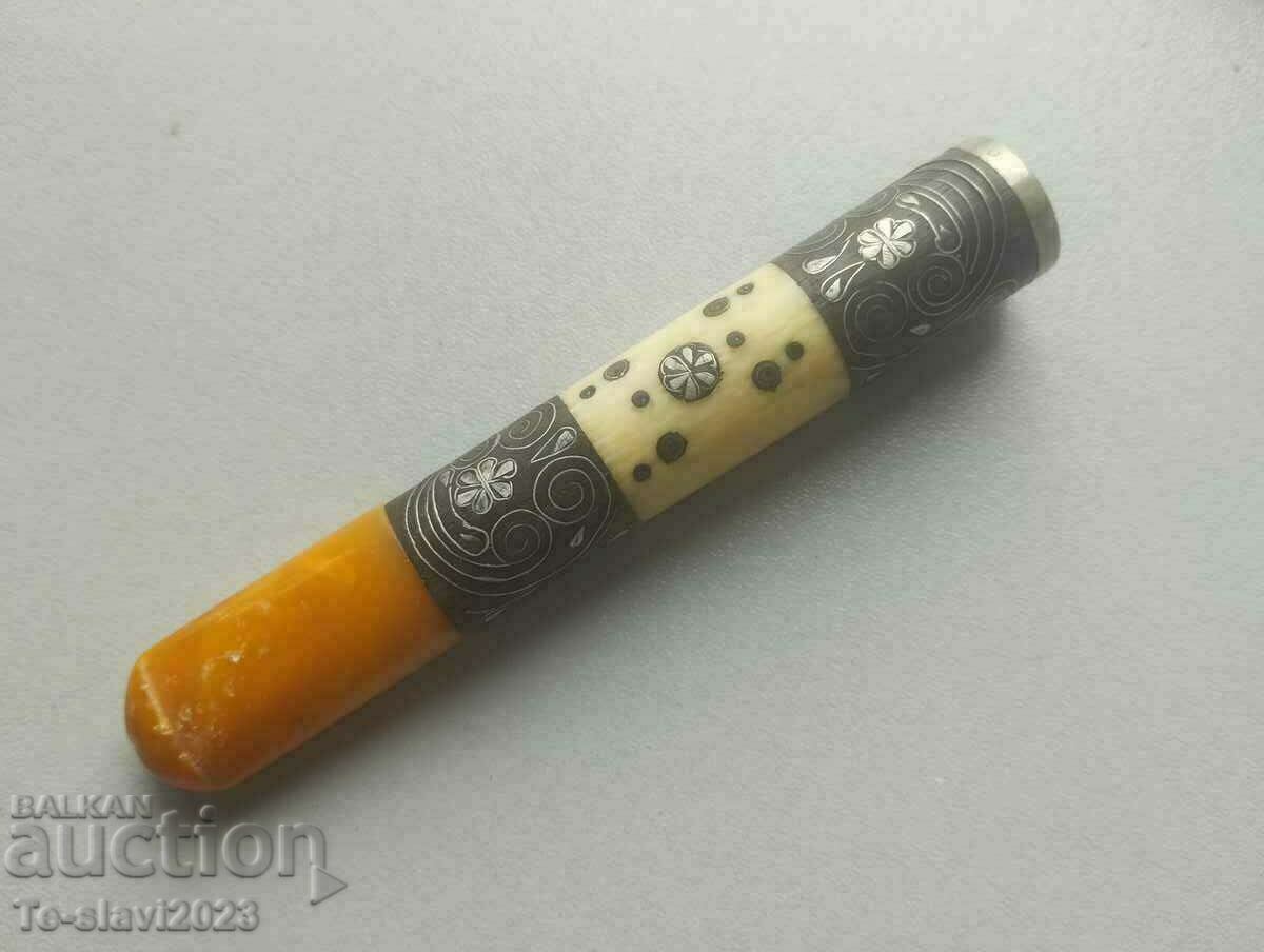 Old cigarette-amber, bone, wood, silver