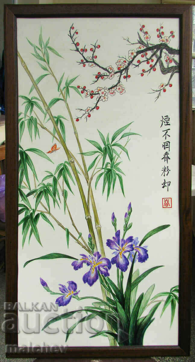 Китайска картина Пролет ръчно рисувана в дървена рамка 50/95