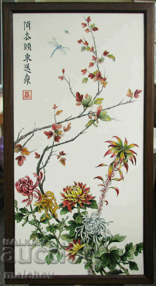Κινεζική ζωγραφική Φθινοπωρινή ζωγραφισμένη στο χέρι σε ξύλινη κορνίζα 50/95