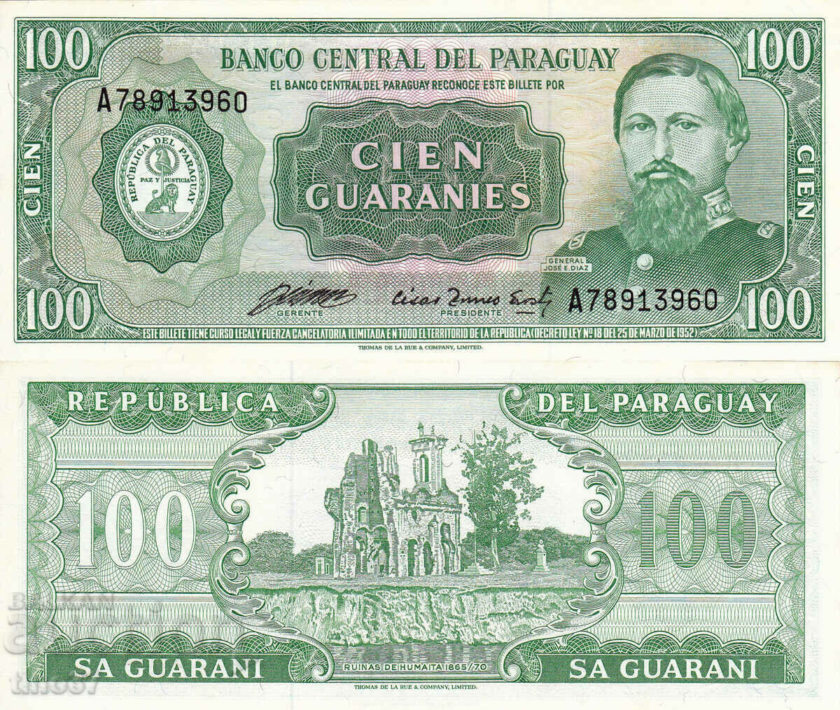 tino37- PARAGUAY - 100 GUARANI - 1952/82 - UNC