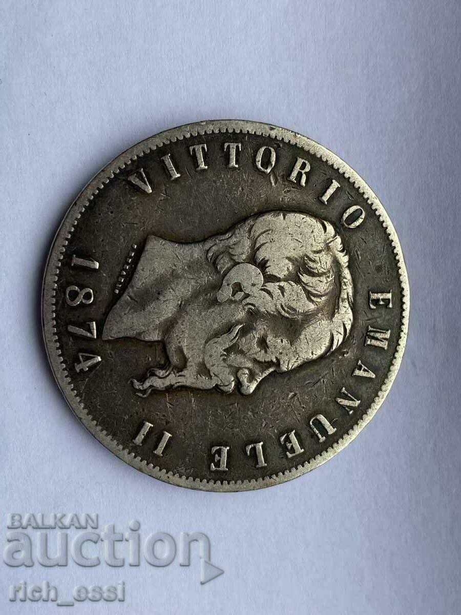 5 lire VITTORIO EMANUELE argint 1874, Italia