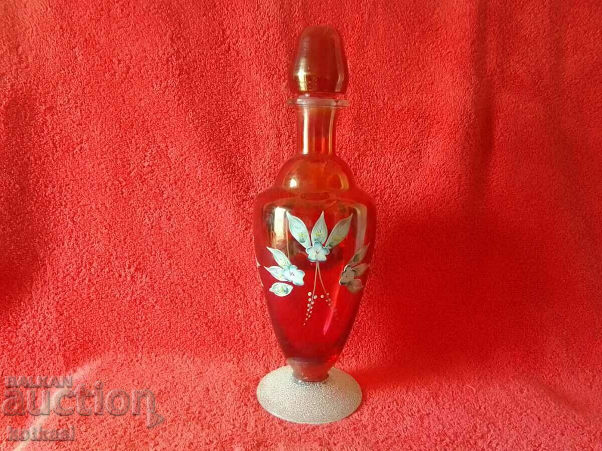 Old Jug Carafe red glass Bohemia hand painted