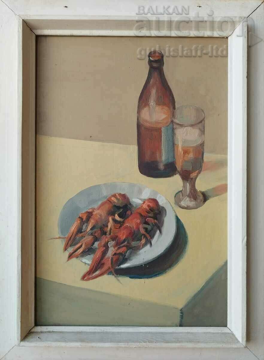 Ζωγραφική, νεκρή φύση με μπύρα και καβούρια, hud. P. Petkov (1924-1976)