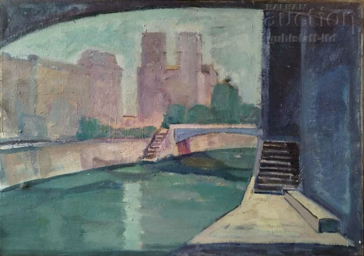 Painting, "Landscape with Notre Dame", art. Zhecho Dunev (1926-1975)