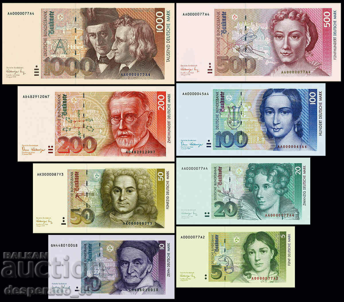 (¯`'•.¸(репродукция)  ГЕРМАНИЯ  пълен сет банкноти 1989-1999