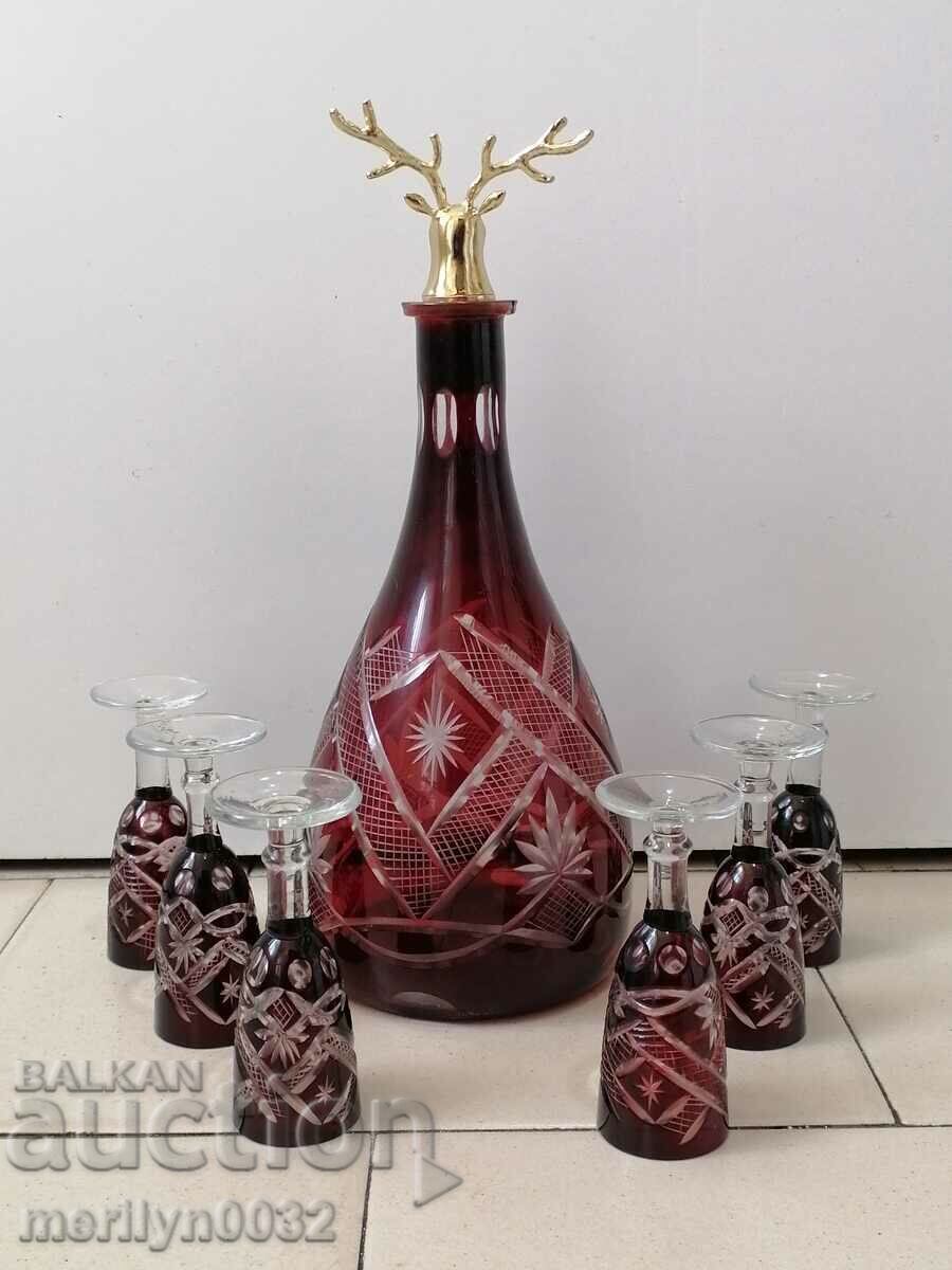 Bohemian crystal service 6 cups decanter red glass - 6 Bohemian crystal service 6 cups decanter red glass - 6