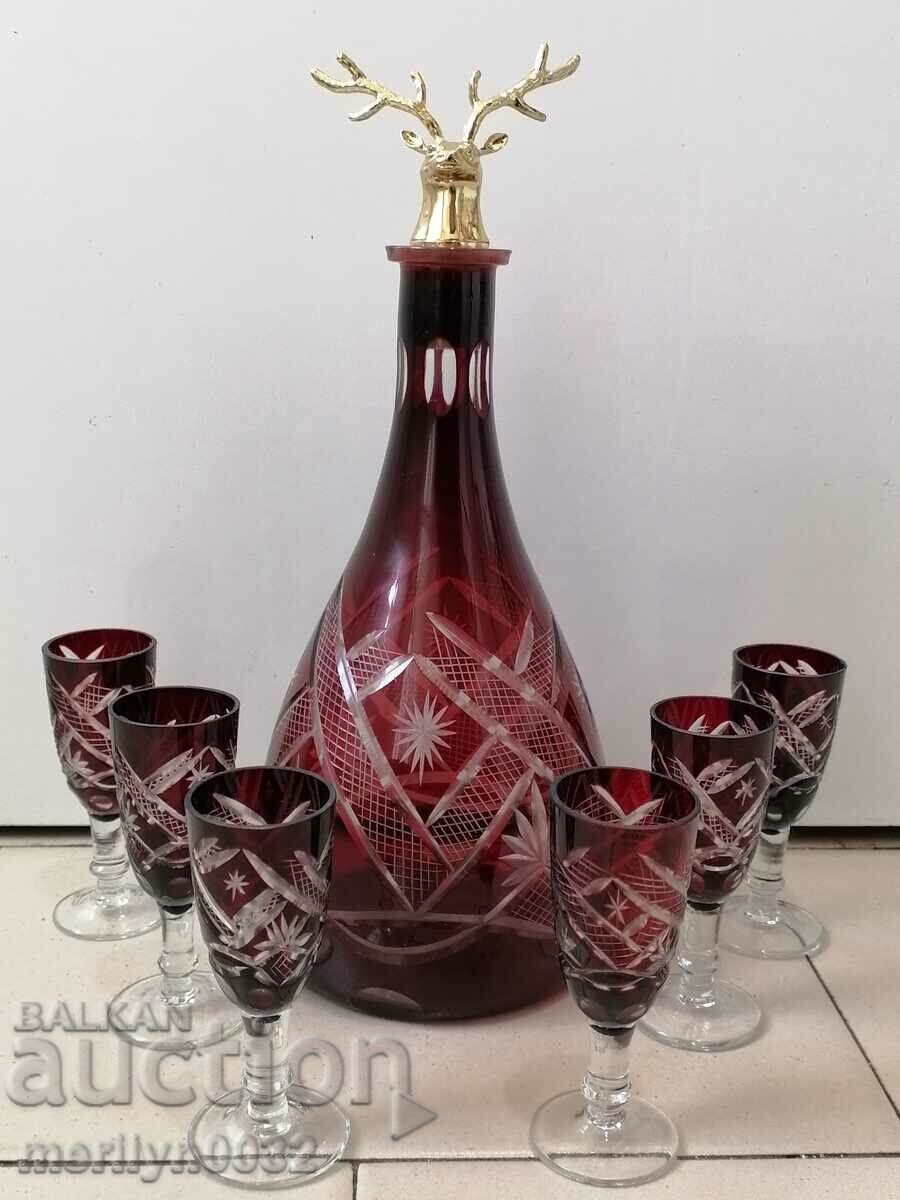 Serviciu cristal de Boemia 6 cesti decantor sticla rosie