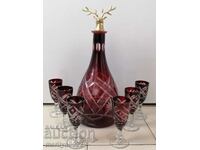 Бохемски кристал сервиз 6 чаши гарафа червено стъкло