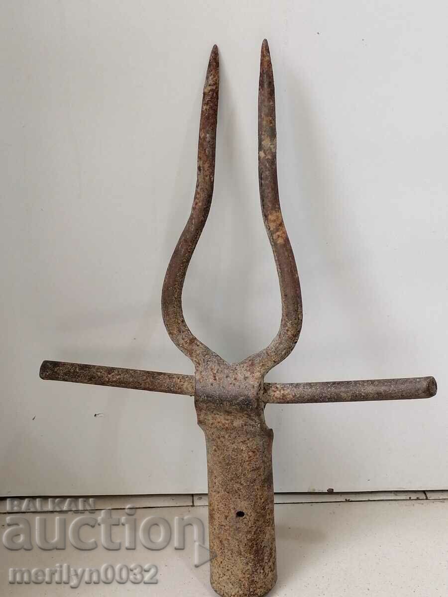 Auction Old Wrought Two Prong, Pitchfork, Wrought Iron Auction Old Wrought Two Prong, Pitchfork, Wrought Iron