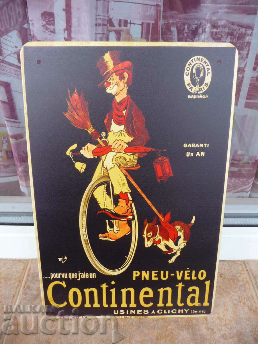 Semn metalic mașină Anvelope Continental reclamă câine clovn bicicletă