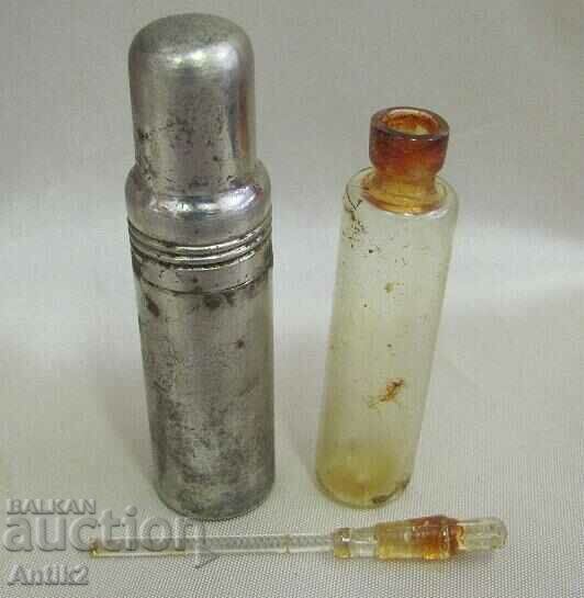 19th Century Mini Medicine Bottle in Metal Container - 5 19th Century Mini Medicine Bottle in Metal Container - 5