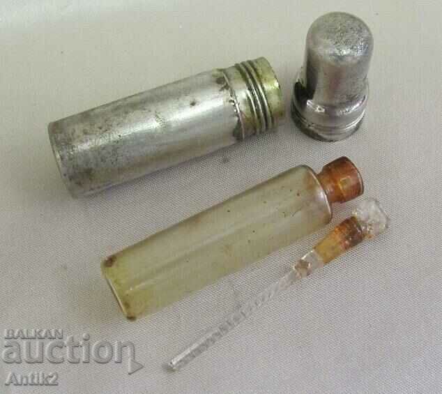 19th Century Mini Medicine Bottle in Metal Container - 6 19th Century Mini Medicine Bottle in Metal Container - 6