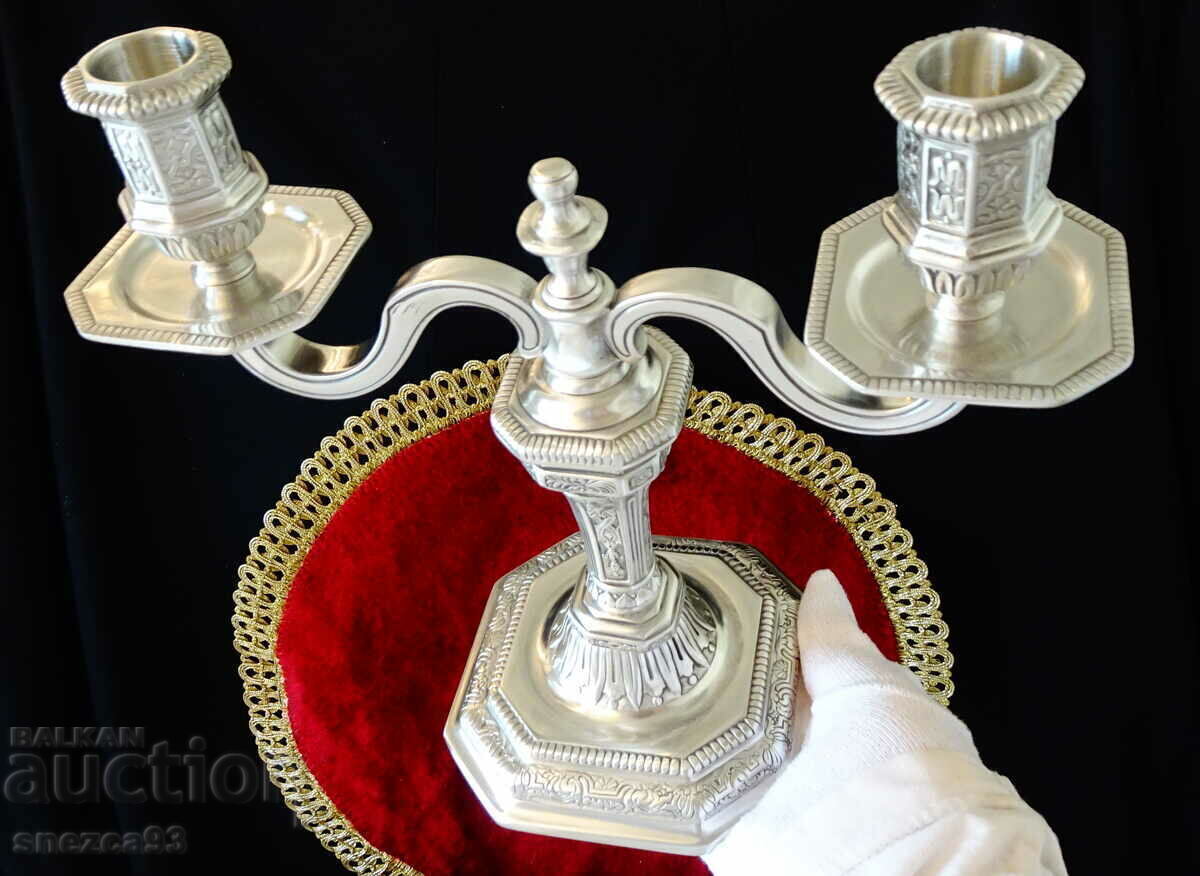 Christofle double candlestick made of pewter 1.5 kg, Duperier model - 7