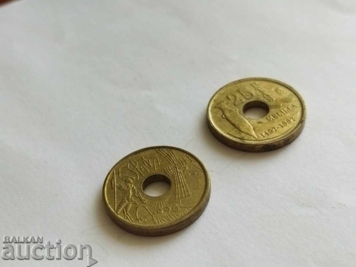 2 x 25 Pesetas from 1996 and 1997 Spain with price 1.50 BGN | € 0.77