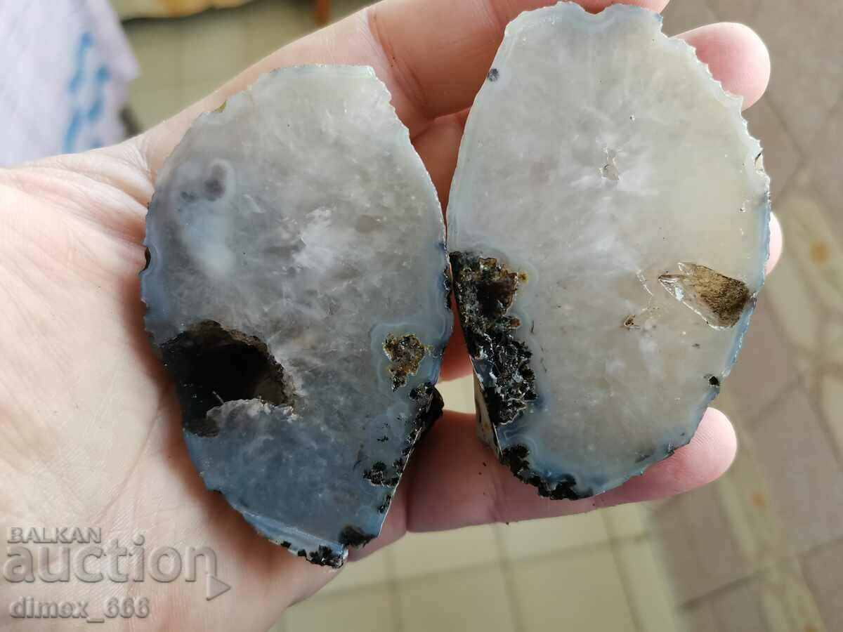 Two halves of a quartz geode