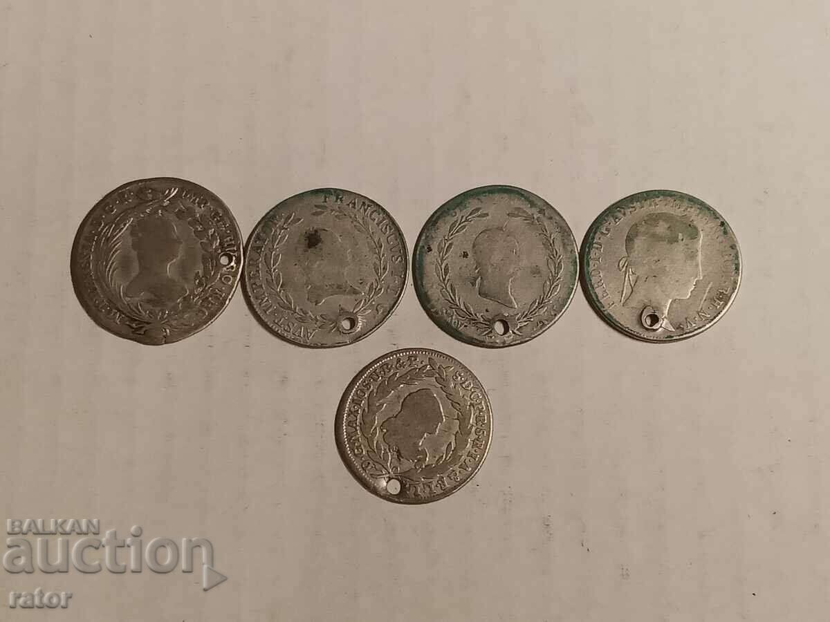 Monede Austria 20 kreutzers, argint, 5 piese, pentru bijuterii