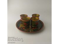 Old wooden set of 4 cups and tray Russia #5511