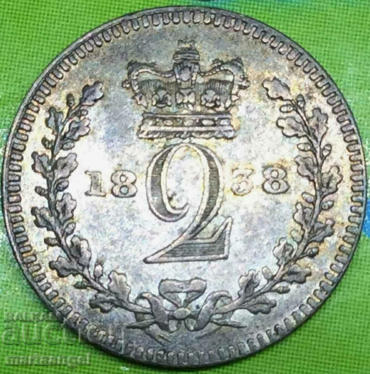 Великобритания 2 пенса 1838 Маунди млада Виктория  3 - лукс