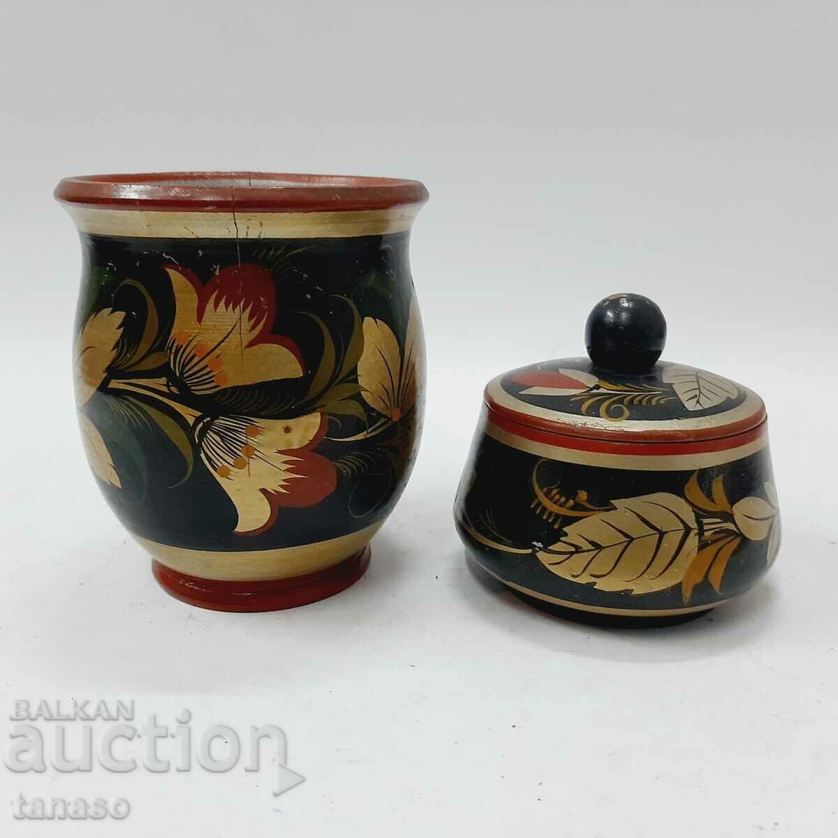 Russian wooden cup and box Khokhloma(5.4)