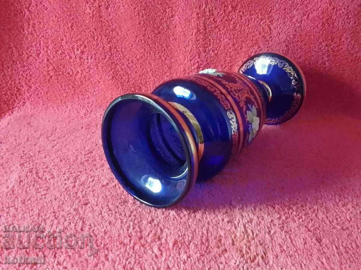 Auction Old Vase, Colored Cobalt Glass, Bohemia, Hand Painted Auction Old Vase, Colored Cobalt Glass, Bohemia, Hand Painted