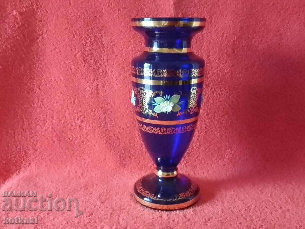 Old Vase colored blue glass Bohemia hand painted gilt