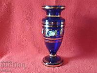 Old Vase colored blue glass Bohemia hand painted gilt