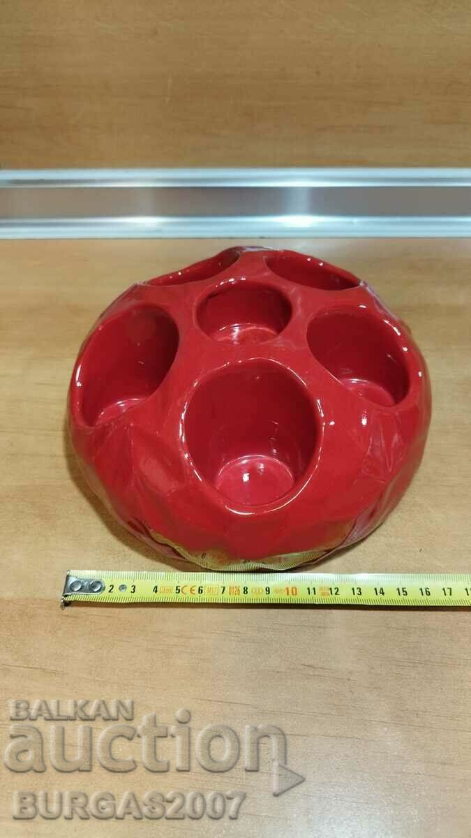 Sfeșnic vechi, roșu, din ceramică, „Silverbergs” Fabricat în Suedia