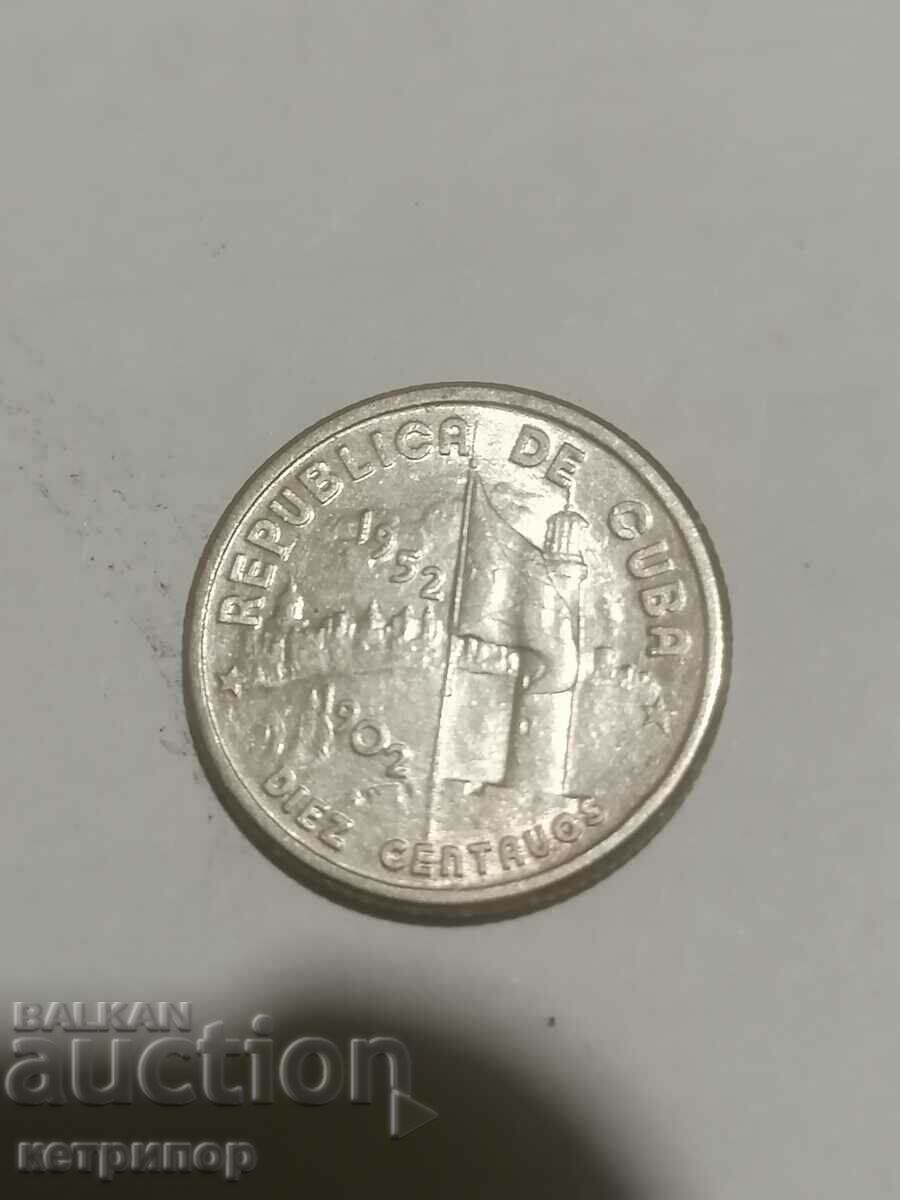 10 сентавос Куба 1952 г сребърна
