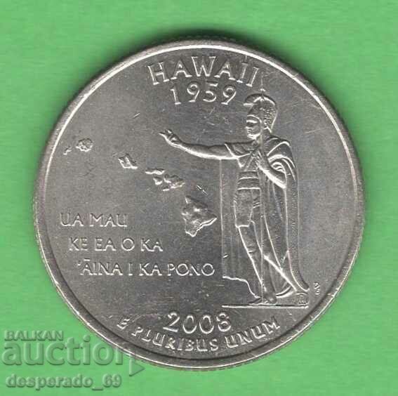 (¯`'•.¸ 25 σεντς 2008 P ΗΠΑ (Χαβάη) aUNC ¸.•'´¯)