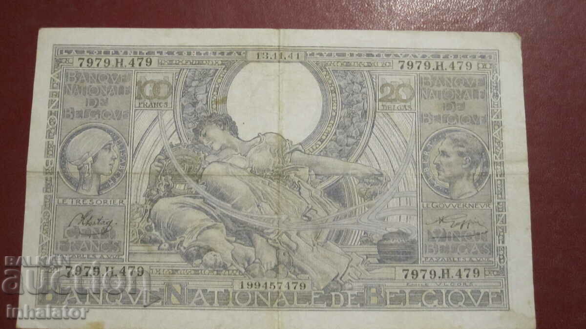 1941 100 Franci 20 Belga Belgia -