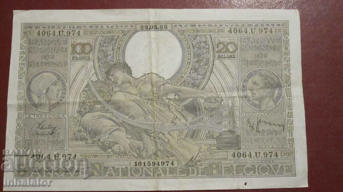 1938 100 franci 20 belga Belgia -