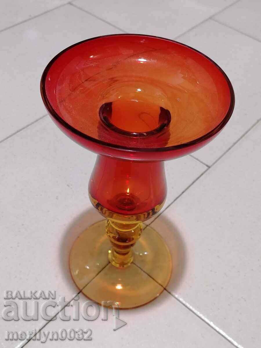 Old vase red glass Bohemia candlestick
