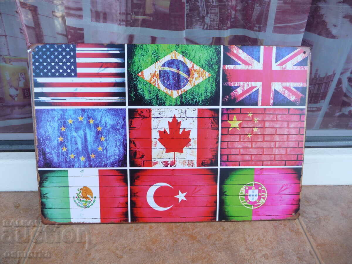 Placă metalică diverse steaguri țări SUA Marea Britanie China Brazilia UE