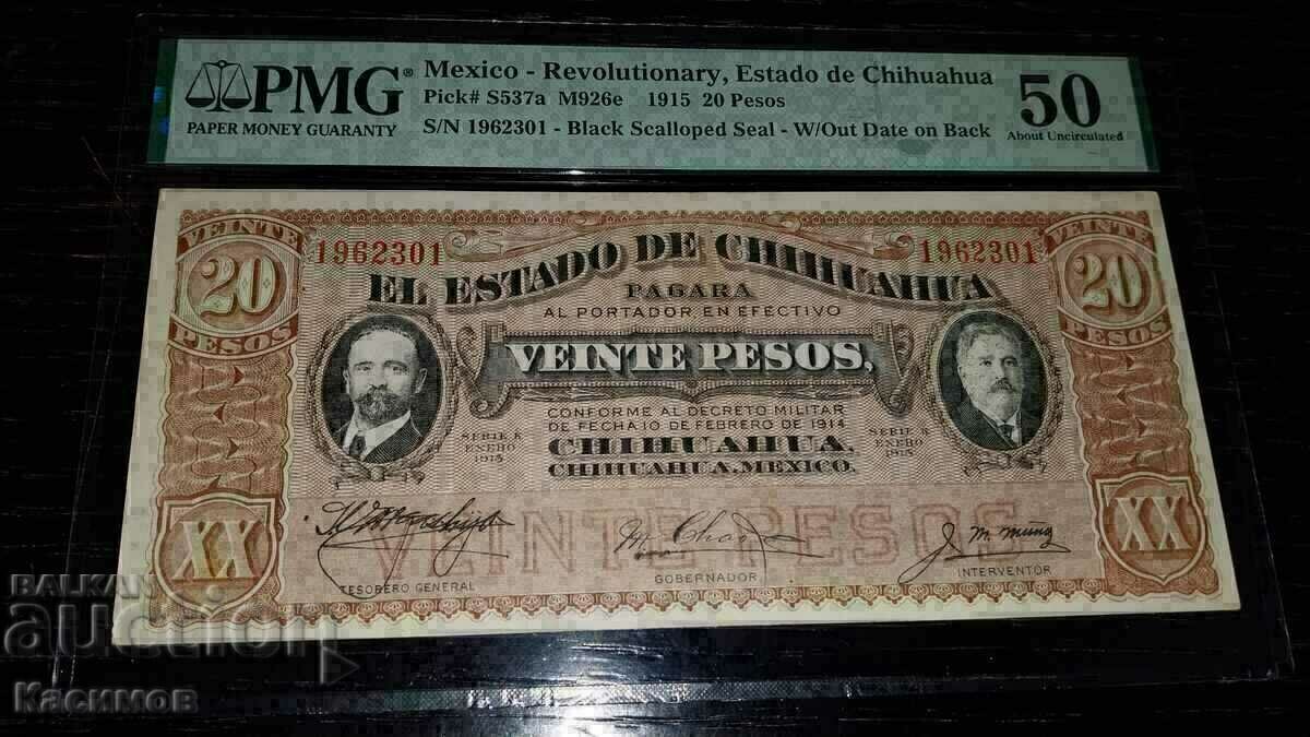 Old Banknote from Mexico 20 pesos 1914 PMG 50 !