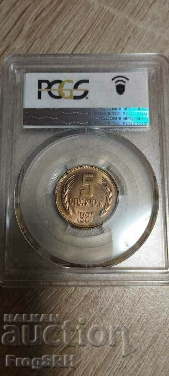 БЕЗ Н.П. Редките 5 стотинки 1981г. MS 66 на PCGS / NGC