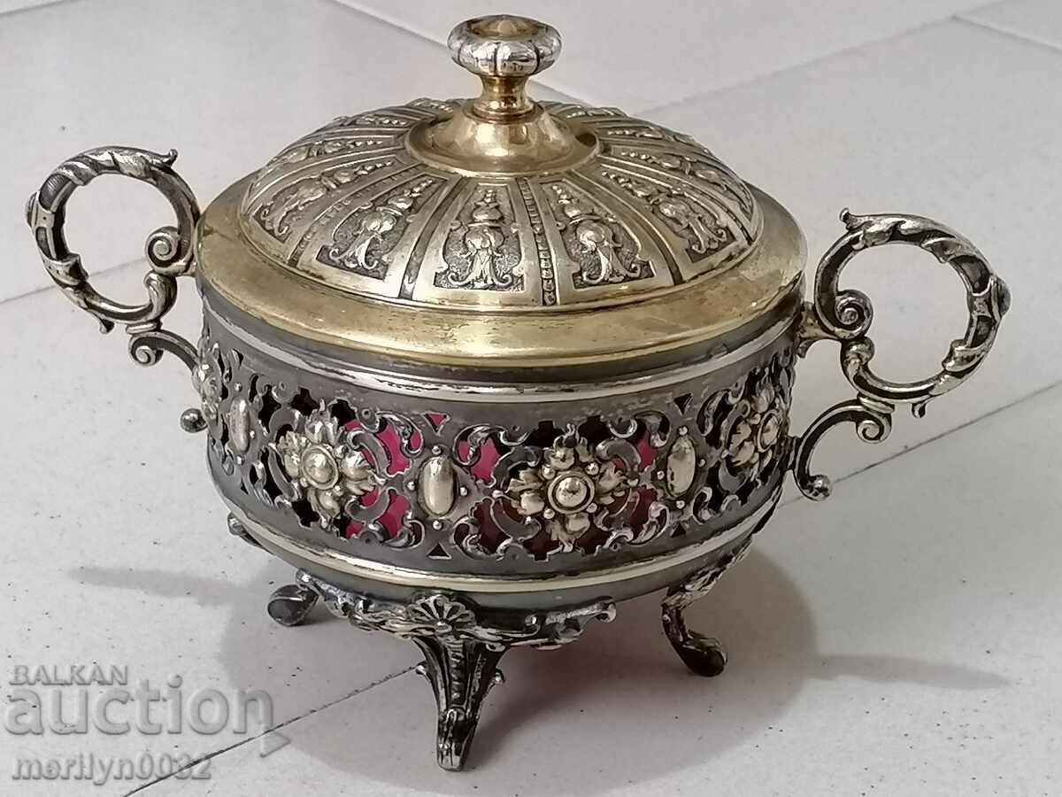 Bomboniera din sticla Art Deco si metal aurit