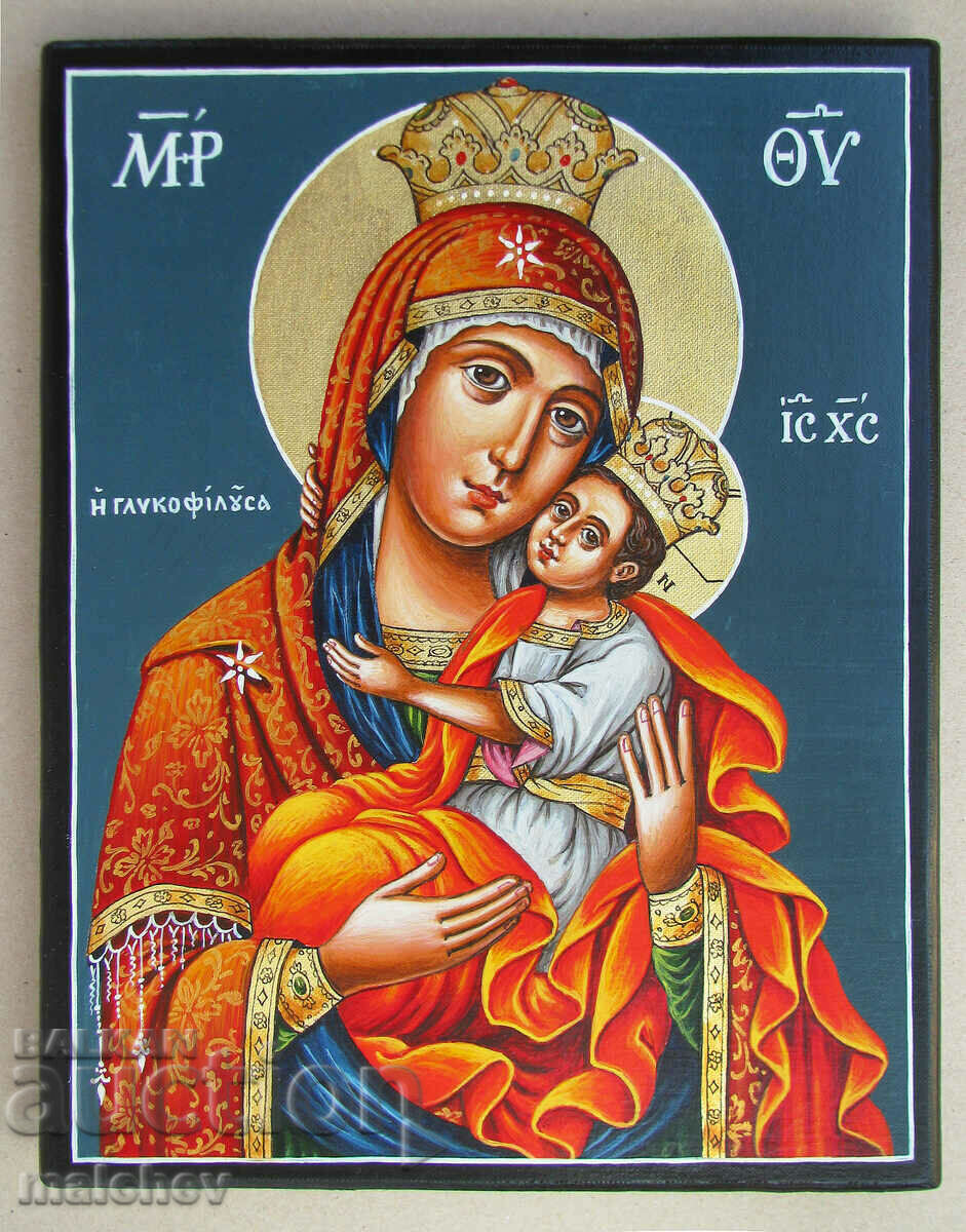 Icon of St. Virgin Glycophilus hand painted wood 25/31