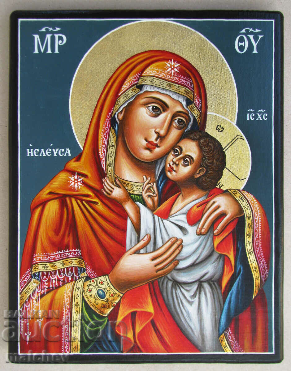 Icon of St. Virgin of Eleusis hand painted wood 25/32
