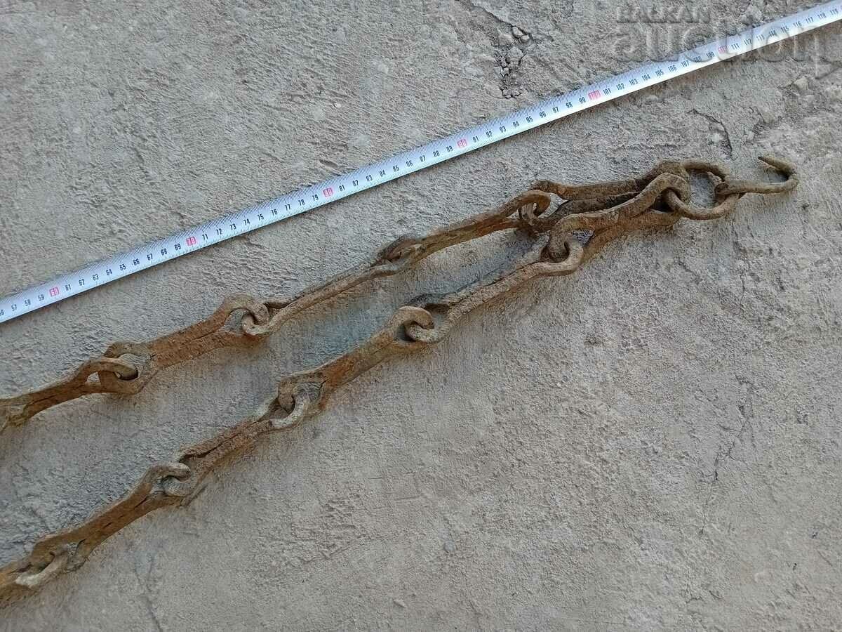 Δημοπρασία Παλιά αλυσίδα από σφυρήλατο σίδερο με γάντζο, δαχτυλίδι εστίας