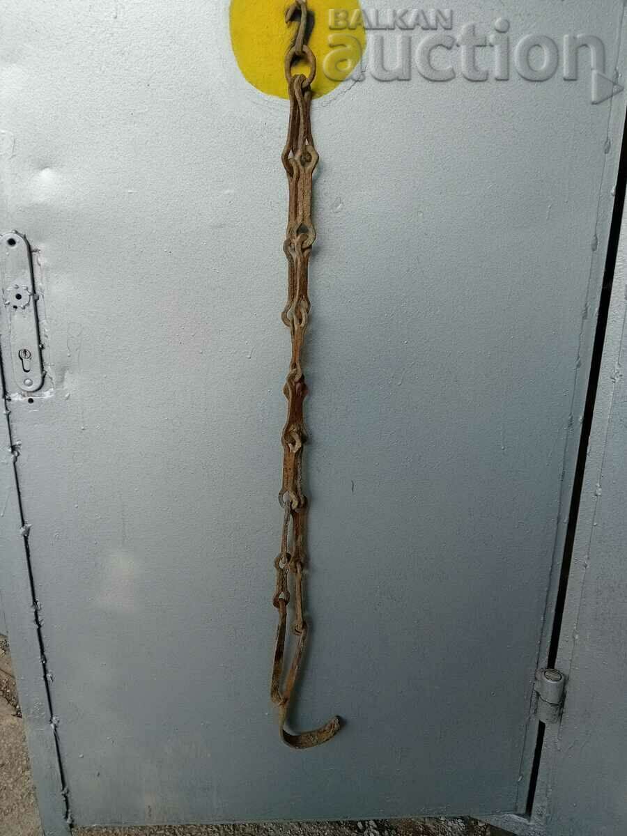 Παλιά αλυσίδα από σφυρήλατο σίδερο με γάντζο, δαχτυλίδι εστίας - 6